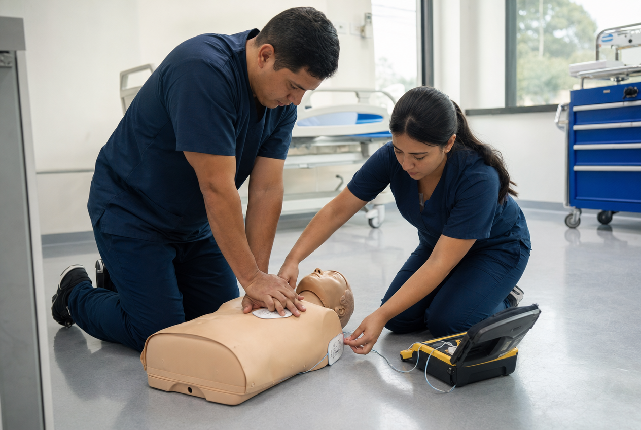 Práctica de RCP y uso del DEA en un curso de soporte vital básico (BLS)