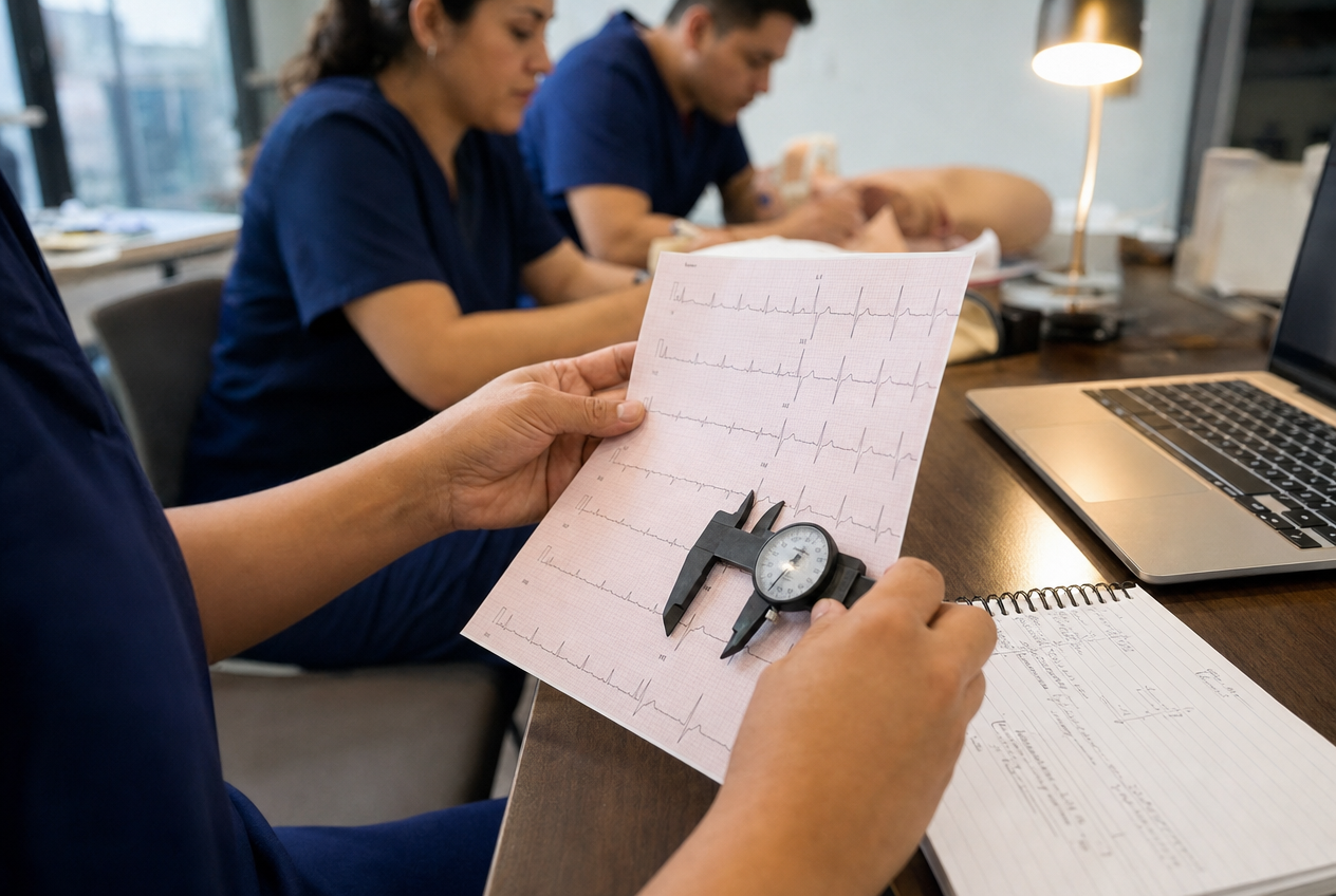 Lectura de un electrocardiograma en el curso de electrocardiografía (ECG)