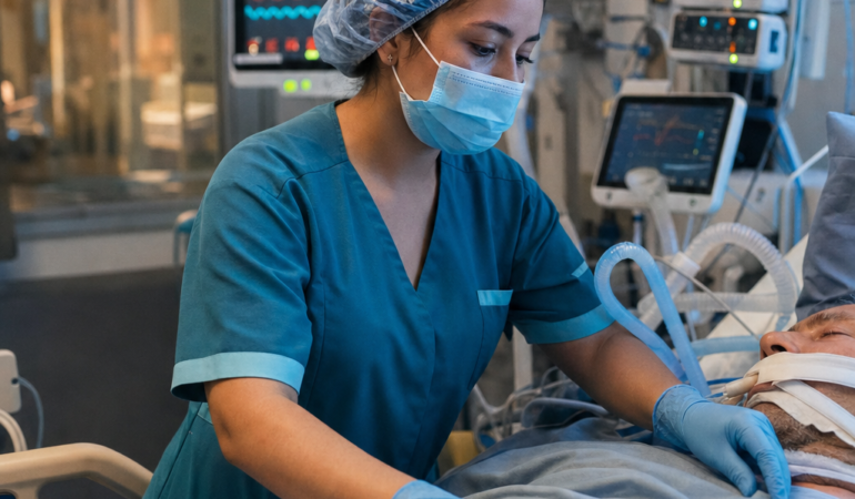 Técnico en enfermería trabajando en una UCI de adultos